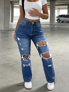 Celana Jeans Denim Kasual Wanita dengan Saku, Gaya Minimalis Eropa dan Amerika, Model Lurus dengan Efek Usang dan Pudar - Dark Wash - View 2