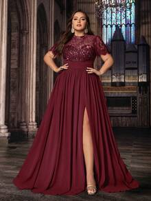 Gaun Panjang Elegan Ukuran Plus Berpayet, Renda, Chiffon untuk Pengiring Pengantin, Tamu Pernikahan, Musim Semi/Musim Panas, Gaun Formal, Koktail, dan Malam Hari - Burgundy - View 1