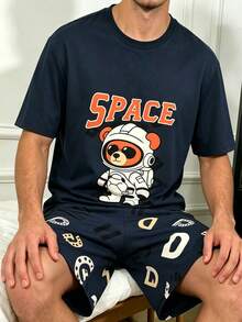 Men's Solid Color Crew Neck Cartoon Astronaut Bear Print Short Sleeve Letter Print Shorts 2-Piece Set Cute Comfortable Loungewear - Multicolor - View 1