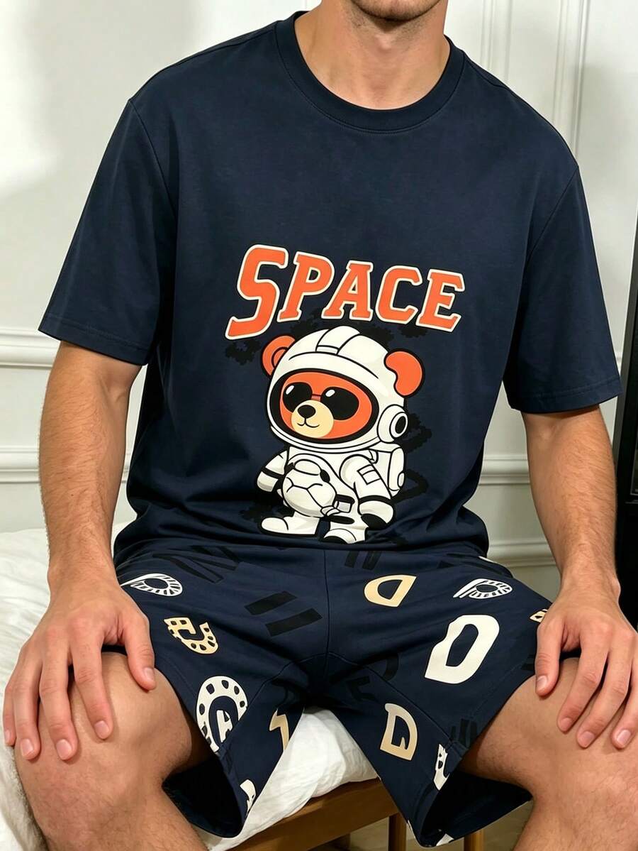 Men's Solid Color Crew Neck Cartoon Astronaut Bear Print Short Sleeve Letter Print Shorts 2-Piece Set Cute Comfortable Loungewear - Multicolor - View 1