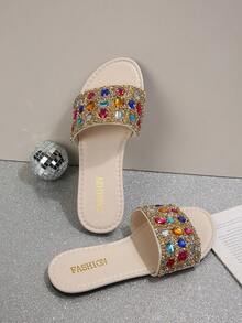 White Base Multicolor Rhinestone Flat Slide Sandals, Wide Strap Full Diamond Outdoor Slippers, Luxury Women Open Toe Slides For Summer Beach Vacation - White - View 6