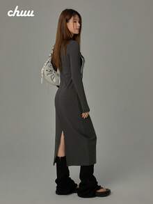 CHUU Letter Print Dress Women Autumn Niche Colorblock Patchwork Slit Long Sleeve Dress - Dark Grey - View 2