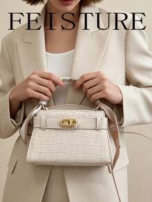 FEISTURE 1件女款金屬扣圍巾手提包，磁吸開合，附長肩帶 - 白色 - 查看 4