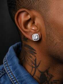 2pcs Simple Hip-Hop Cubic Zirconia Round Stud Earrings, Suitable For Men's Daily Wear - Men's Earrings - View 15
