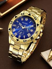 2pcs/Set Men's Gold Luxury Watch Set, Blue Dial Roman Numeral Three-Eye Gold Watch, One All-Gold Stainless Steel Band, One Gold Case Black Silicone Strap, Elegant Men's Accessory, Fresh For Summer, Suitable For Valentine's Day, Birthday, Father's Day As Luxury Gift For Boyfriend, Son - Multicolor - View 3