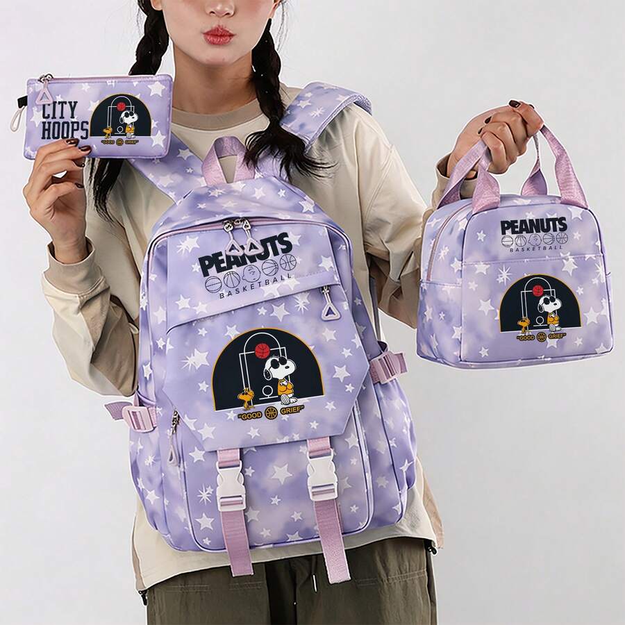 Miniso 3Pcs Purple Tie Dye Star Basketball Peanuts Snoopy Backpack Set, Rucksack With Thermal Lunch Bag & Pencil Case For Travel Picnic Outdoor - Mauve Purple - View 1