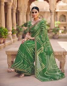 Estationeryhouse Chiffon Saree With Coloured Stripes With Unstitched Blouse - Green - View 2