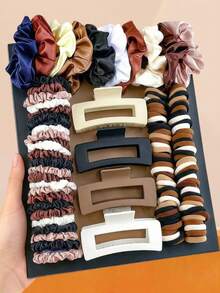 119/100/10/6/3pcs Morandi Color Hair Accessories Set, High Elasticity Hair Ties, Minimalist Vintage Fashion, Large Asymmetric Hair Clips - Suitable For Girls And Women, Daily School, Dating, Vacation - Multicolor - View 1