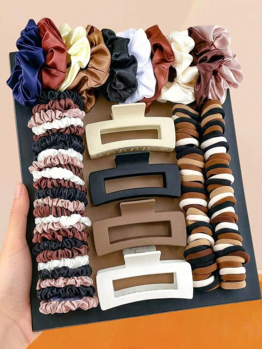 119/100/10/6/3pcs Morandi Color Hair Accessories Set, High Elasticity Hair Ties, Minimalist Vintage Fashion, Large Asymmetric Hair Clips - Suitable For Girls And Women, Daily School, Dating, Vacation - Multicolor - View 1