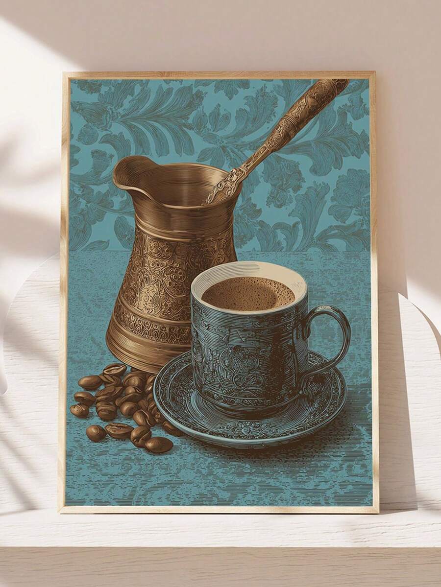 1pc Framed Canvas Wall Art, Vintage Turkish Coffee Cup And Coffee Beans Canvas Painting, Retro Blue Kitchen Decor, Atmospheric Cafe Home Wall Art, Suitable For Modern Home Decor, Room Decor, Dorm Decor, Bedroom Decor, Bathroom Decor, Kitchen Decor, Dining Room Decor, Living Room Decor, Office Decor, School Decor, Classroom Decor, Back To School Decor, Autumn Decor, Autumn Poster, Waterproof Poster, Great Gift - Multicolor - View 1