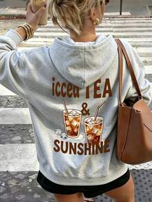 Women's Hooded Sweatshirt, New Autumn/Winter Iced Tea Drink Pattern Letter Print, Drawstring Design, With Pockets, Casual Versatile Loose Fit Top, Fashionable Daily Wear - Dark Gray - View 2