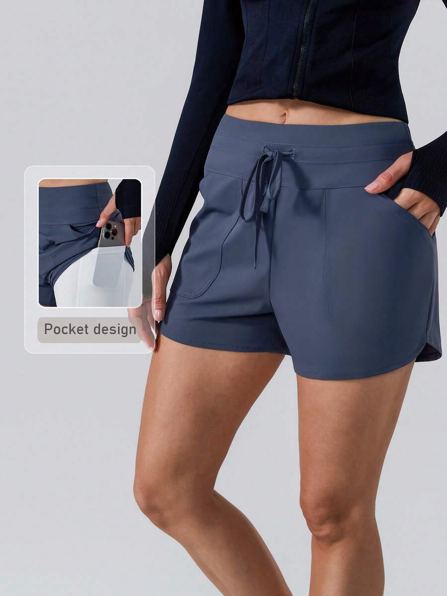 NcmRyu Women's 1pc Drawstring Side Pocket Curved Hem Split Leg Shorts With Lining - Navy Blue - View 1