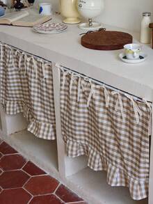 1pc Khaki & White Plaid Oven Curtain, 100% Polyester Yarn Dyed Fabric With Lace Tie Top And Ruffle Hem, Short Kitchen Tier Curtain, Oil-Resistant Decorative Cover, Suitable For Stove, Oven, Open Cabinet And Small Window, Farmhouse Home Decor (Rod Not Included) - Khaki - View 6