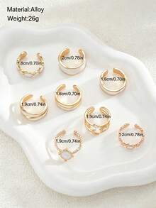 8pcs Bohemian Vacation Style Drip Oil Geometric Sun Ring Set, Sweet & Cool Girl Ins Alloy Stackable Rings, Holiday Gift, Beach Vacation, Birthday Gift Exquisite Jewelry - Yellow Gold - View 4