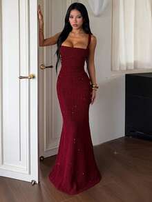 Chic Sleeveless Knitted Cami Dress For Women Burgundy Elegant Bodycon Long Gown With Split And Mermaid Hem, Perfect Party & Formal Attire Summer Dress - Burgundy - View 3