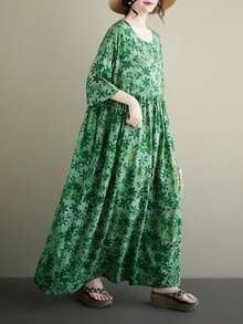 Halloween Elegant Ball Women's Plus Size Green Floral A-Line Long Dress, Batwing Sleeve Short Sleeve, Spring/Summer Casual Loose Long Dress Vacation - Green - View 6