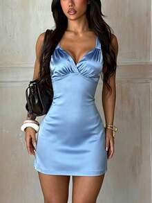 Women's Summer Blue Mini Satin Dress, Suitable For Vacation, Beach, Party - Blue - View 4