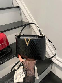 1pc Women's Fashion Commuter Solid Color All-Season Handbag, Portable Versatile Luxury Shoulder Bag, High-Quality Woven Texture Crossbody Bag, Suitable For Dating, Shopping, Gift, Work - Black - View 12