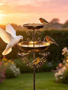 1pc Vintage Iron Double-Layer Bird Bath, Bird Feeder & Bathing Bowl, Balcony Garden Decor, Gift For Bird Lovers, Spring Courtyard Essential - Multicolor - View 9