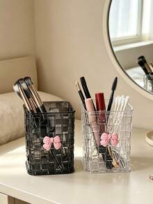 1pc Luxury Woven Texture Transparent Storage Box, Multi-Functional Stationery And Cosmetic Organizer, Decorated With Cute Bow, Space-Saving And Tidy - Pen Holder - View 7