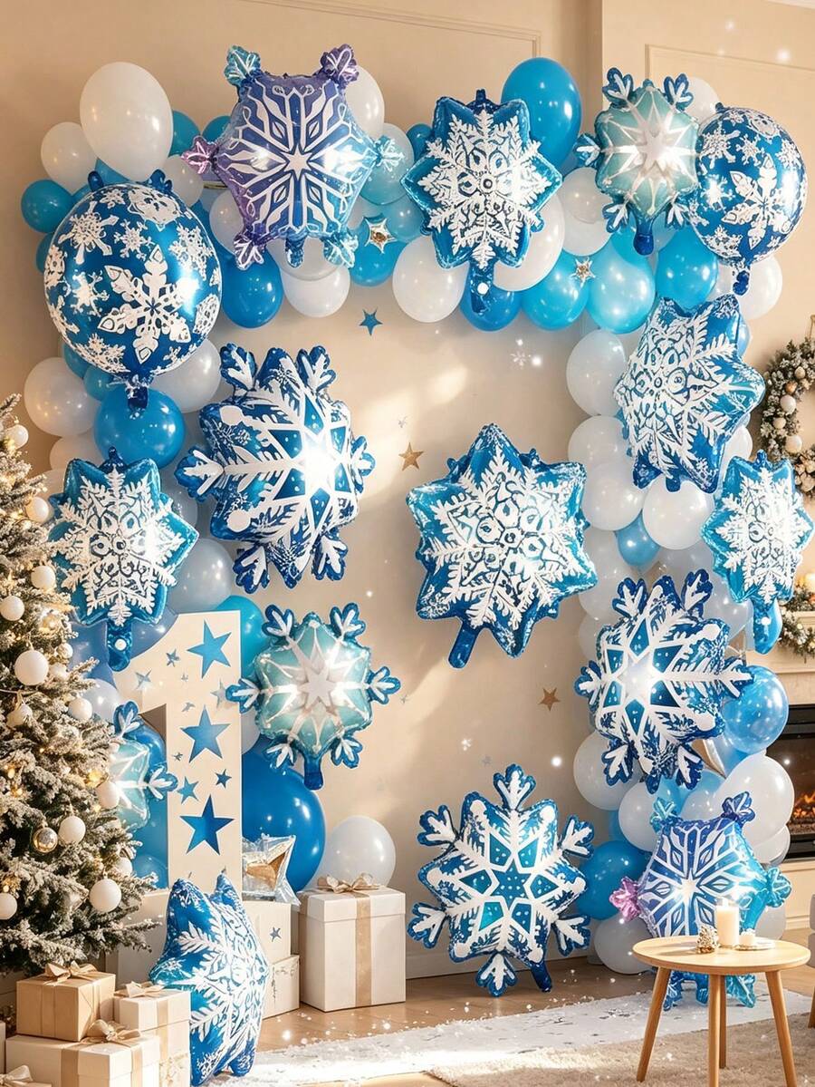 5pcs Medium Mini 5-Size Snowflake Aluminum Foil Balloon Set, Suitable For Christmas, New Year And Winter Holiday Decoration - Random Christmas Balloon Style - View 1
