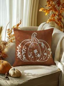 1/2/4pcs Caramel Brown Vintage Pumpkin Print Decorative Pillow Covers, White Line Wildflower Pumpkin Square Cushion Covers, Suitable For Autumn, Thanksgiving, Country Farmhouse Sofa Home Decor - Multicolor - View 7