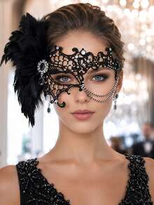 1pc Black Lace Masquerade Mask With Rhinestone Tassel, Gothic Venetian Eye Mask, Halloween Carnival Wedding Evening Party Women's Costume Accessory - Black - View 9