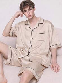 2pcs/Set Men's Summer Short Sleeve & Shorts Satin Pajamas, Casual Comfortable Loungewear Set With Lapel Collar, Fashionable Home Wear Suitable For Going Out - Champagne - View 3