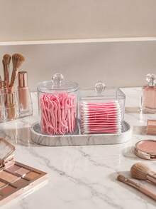 Clear Acrylic Cotton Pad & Swab Holder Set With Silicone Marble Tray, Bathroom Vanity Organizer, Makeup Storage Container With Lid - Multicolor - View 2