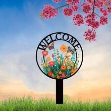 2D Flat Print, 1pc Colorful Butterfly & Floral Welcome Sign, Artistic Decorative Floor Hanging Ornament, Suitable For Christmas Garden And Outdoor Decor, Butterfly Decoration, Artistic Garden Decor - A - View 10