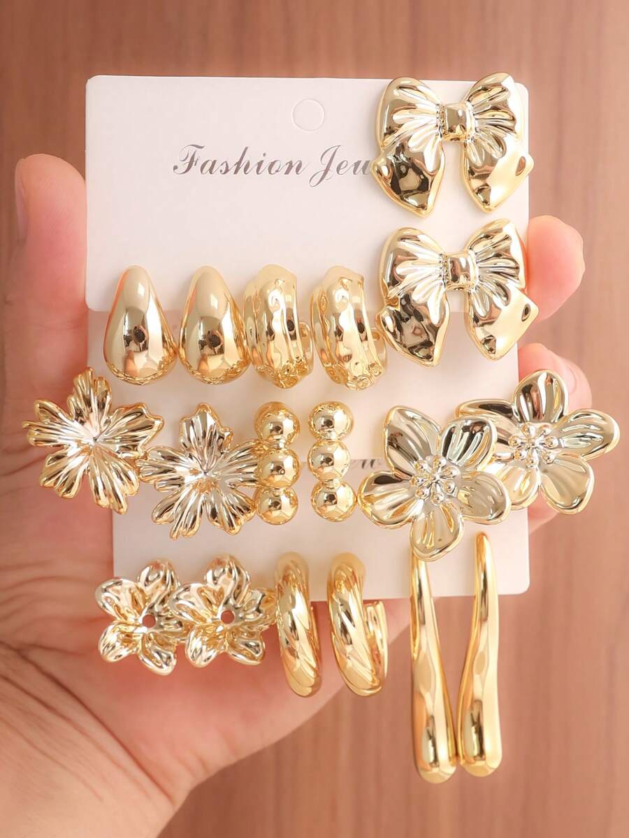 3-9 Paar modische hochwertige goldene Damen-Ohrringe-Set, mit Blütenblatt-, Schleifen-, geometrischen- und Vintage-Elementen, hochwertiger minimalistischer Stil, mit Selbstvertrauen tragen, geeignet für Alltag, Urlaub, Bankett, Party und andere Anlässe (besonderes Geschenk für Freunde und Familie) - Gold - Übersicht 1