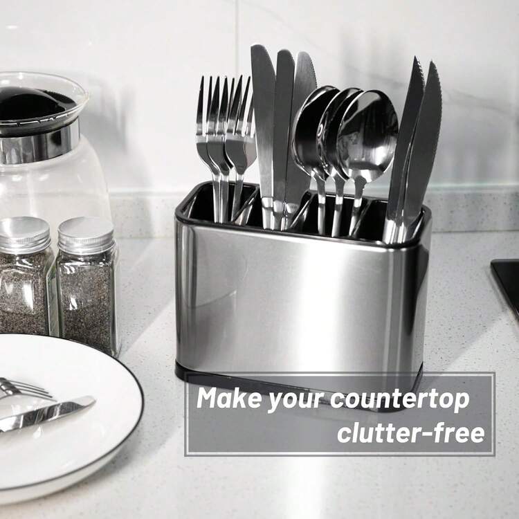 Stainless Steel Utensil Holder With 4 Compartments, Countertop Cutlery Caddy Organizer, Separate Silverware Storage For Fork Spoon Knife Chopsticks, Space Saving Kitchen Counter Flatware Storage Rack - Multicolor - View 2