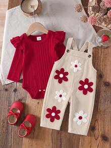 2pcs Set Infant Long Sleeve Ruffle Flutter Sleeve 3D Flower Embroidery Korean Style Soft Baby Girl Romper & Overalls Outfit Spring Autumn Daily Wear - Multicolor - View 1