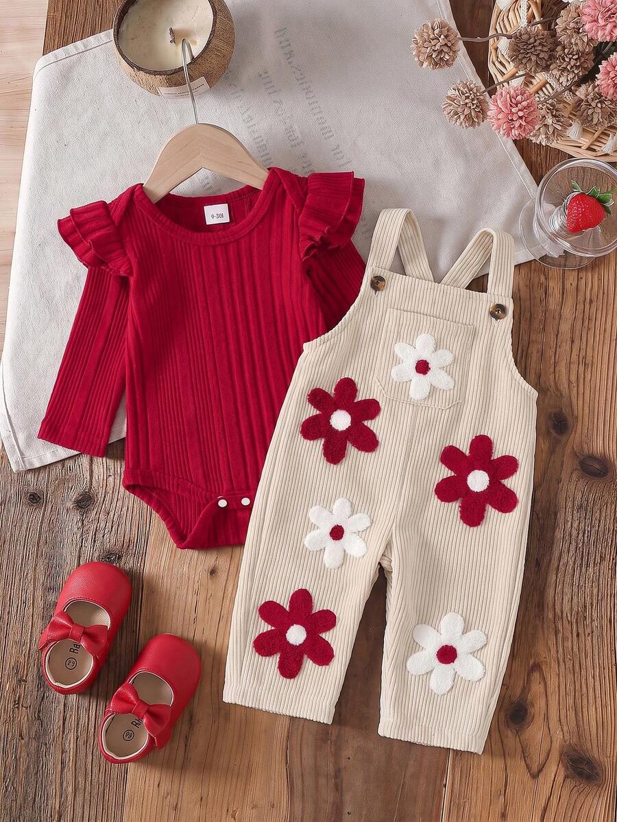 2pcs Set Infant Long Sleeve Ruffle Flutter Sleeve 3D Flower Embroidery Korean Style Soft Baby Girl Romper & Overalls Outfit Spring Autumn Daily Wear - Multicolor - View 1