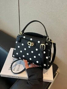 時尚高端拼色波點女款手提包，精緻金屬環扣設計，可調節肩帶斜挎/單肩包 - 黑色 - 查看 6