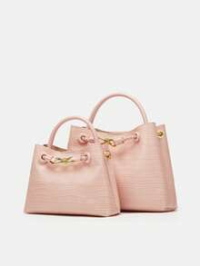 Stone Texture Shoulder Handbag With Metal Rope Buckle, Niche Design Large Capacity Crossbody Bag - Pink - View 5