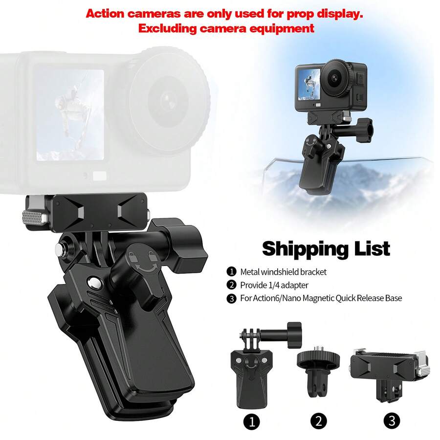 通用鋁合金摩托車擋風玻璃支架，適用 Osmo Action 6/5/4/3 與 Osmo Nano，含磁吸轉接快拆板，Action 5 Pro 相機擴充配件安裝套件