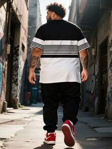 Set 2pcs Kaos Lengan Pendek Leher Bulat Bergaris Horizontal Hitam & Putih Ukuran Besar untuk Pria dan Celana Jogger Tali Serut Hitam Polos untuk Musim Panas - Hitam dan Putih - View 2