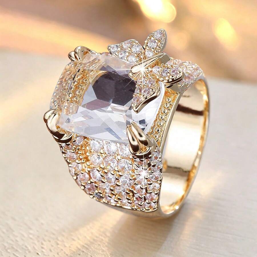 1pc Creative Butterfly Square Wide Band Design Cubic Zirconia Inlaid Women's Ring - Multicolor - View 1