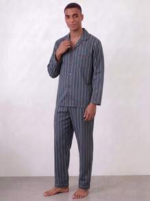 Snug League [PONX]2pcs Men's Pajama Set, Long Sleeve Top & Pants, Breathable & Moisture-Wicking, Spring/Autumn, Fall Winter Clothes - Blue - View 6