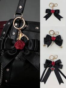 1pc Dark Vintage Style Satin Rose Bow Charm, Multi-Style Pendant Matching, Versatile Decoration Keychain For Women's Backpacks And Handbags - Black - View 1