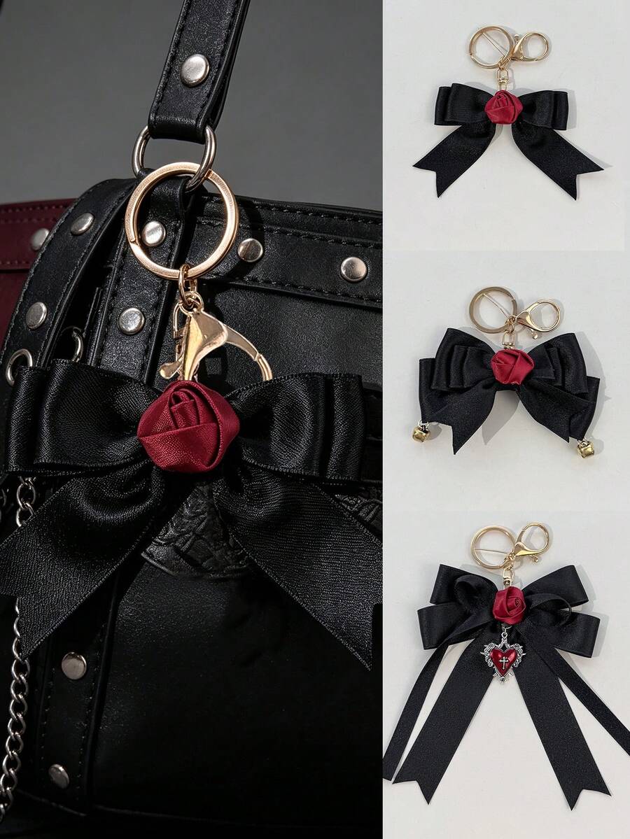 1pc Dark Vintage Style Satin Rose Bow Charm, Multi-Style Pendant Matching, Versatile Decoration Keychain For Women's Backpacks And Handbags - Black - View 1