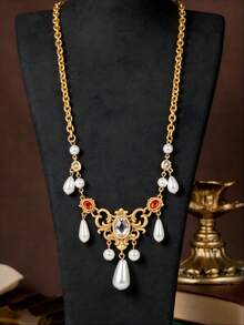 French Court Style Hollow Vine Metal Frame Orange Glass Rhinestone Tassel Necklace & Earrings Set, Banquet Accessories, Women's Gift - Necklace - View 3