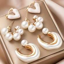6Pcs French Design Heart Faux Pearl C-Shaped Earrings, Exaggerated Luxury Asymmetrical Dangle Earrings For Women, Fashionable Jewelry For Daily Wear, Party And Banquet - Multicolor - View 8