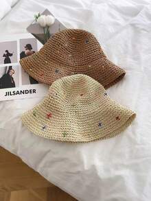 1件女款夏季防曬手工編織草帽，戶外度假海灘遮陽可折疊漁夫帽 - 彩色 - 查看 2