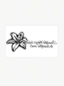 1pc Black & Gray Realistic Lily Flower English Text Tattoo Sticker, Gentle Meaningful Short Phrase Lily Flower Pattern, Elegant Temporary Sticker For Women's Collarbone & Shoulder Strap - Multicolor - View 2