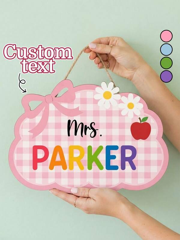 1pc Custom Teacher Name Classroom Door Sign,Personalized Cloud Gingham Bow Scalloped Wood Sign, Coquette Girly Classroom Decor,Back To School,Front Door Decor,Teacher Gift,Teacher Appreciation Gift,New Teacher Welcome Wall Decor