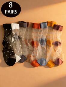 1/3/5/8 Pairs Mixed Color Women's Glass Fiber Mid-Calf Socks, Ultra-Thin Breathable Summer Glass Fiber Women's Socks, Crystal Glass Transparent Polka Dot Mid-Calf Socks - Multicolor - View 11