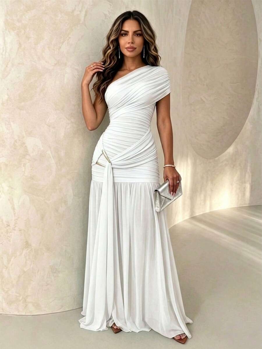 ChicMe Women's Pleated Mesh Long Dress, Gold Button High Slit Fitted Evening Party Gown - White - View 1