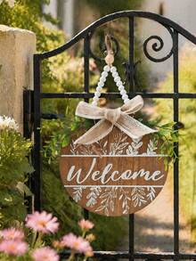 1件綠葉蝴蝶結木製門牌「Welcome Home」牆掛裝飾（小圓形），適用於玄關門、牆面、房間、居家、客廳、臥室、商店及各種場合，感恩節、聖誕節禮物，送給朋友與家人的節日禮物 - 彩色 - 查看 2